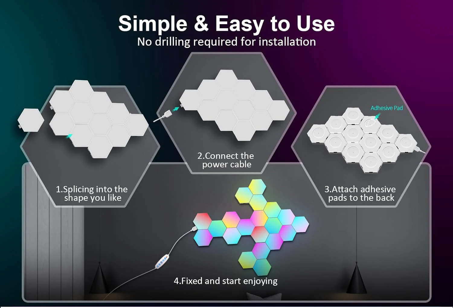 Smart RGB hexagon falilámpa – APP- és zene-szinkron vezérléssel - Image 15